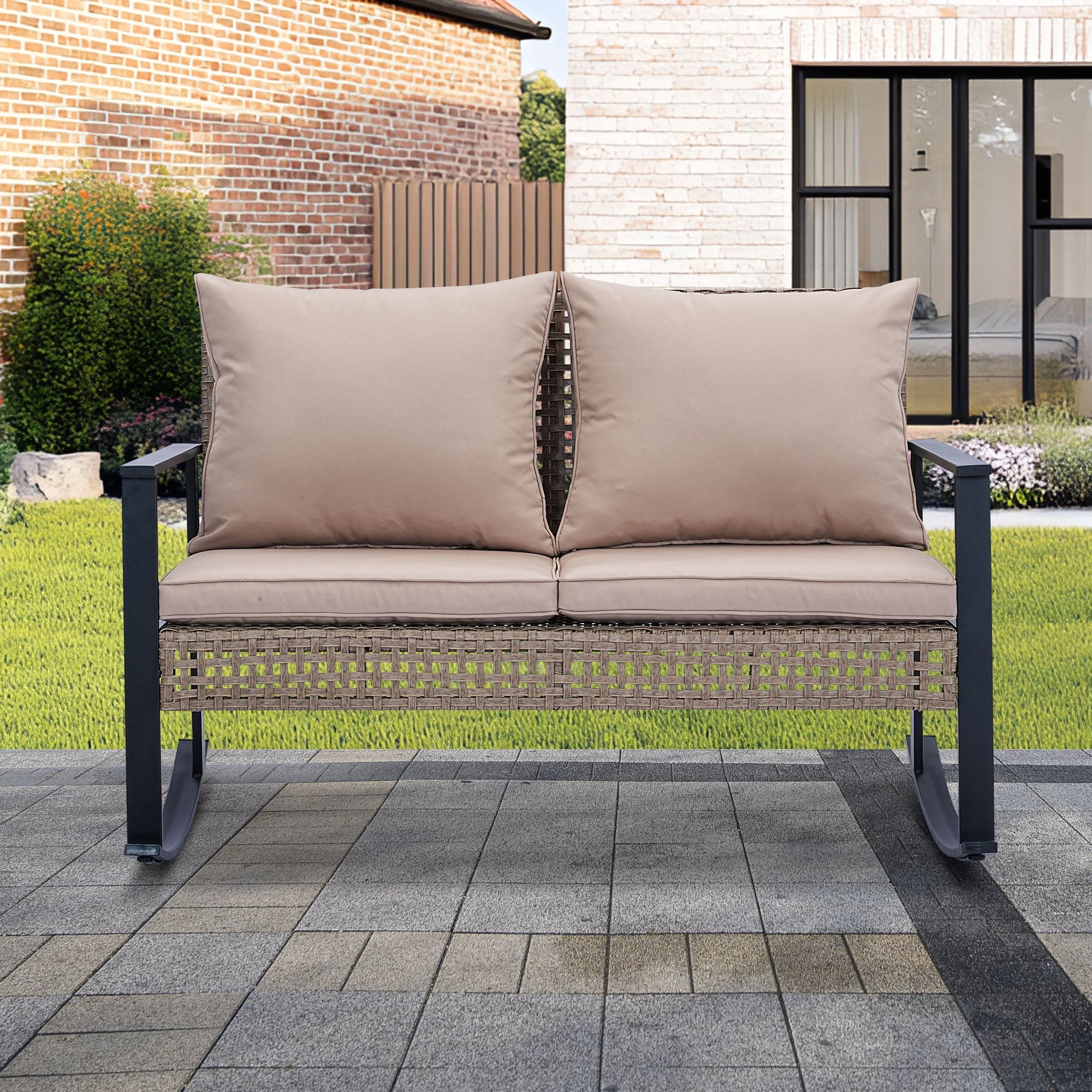 Ainfox Outdoor Patio Furniture Rocking Loveseat, Wicker Rattan Sofa - OVERLANDERS Outfitter