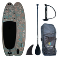 SolVida GrandSol 11'4" inflatable stand-up paddleboard on Oasis-Ash background, complete package with paddle and accessories.