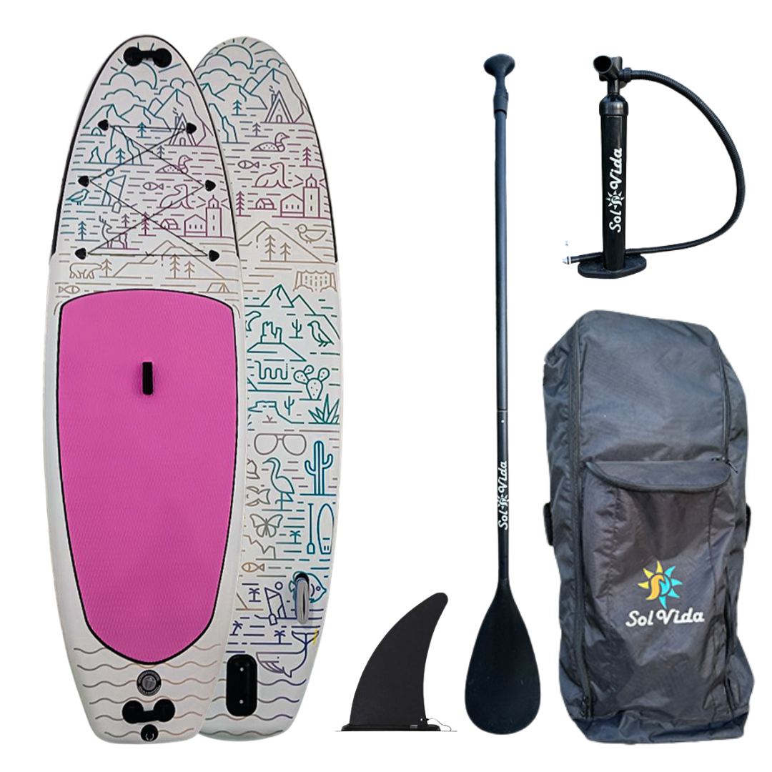 SolVida GrandSol 11'4" inflatable stand-up paddleboard with Oasis Cosmos paddleboard design, complete water sports package.