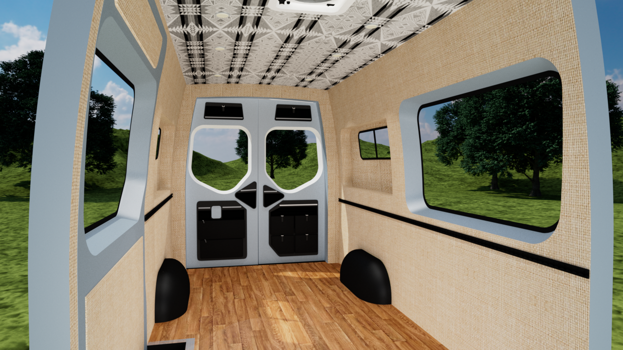 Mercedes Sprinter 144" high roof interior panel kit by Alpine Van Works, LLC, featuring custom oat-colored wall and ceiling panels.