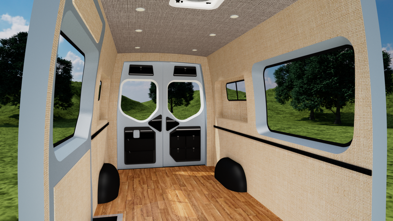 Mercedes Sprinter 170" high roof interior panel kit by Alpine Van Works, LLC, showing grey and oat-colored wall and ceiling panels.