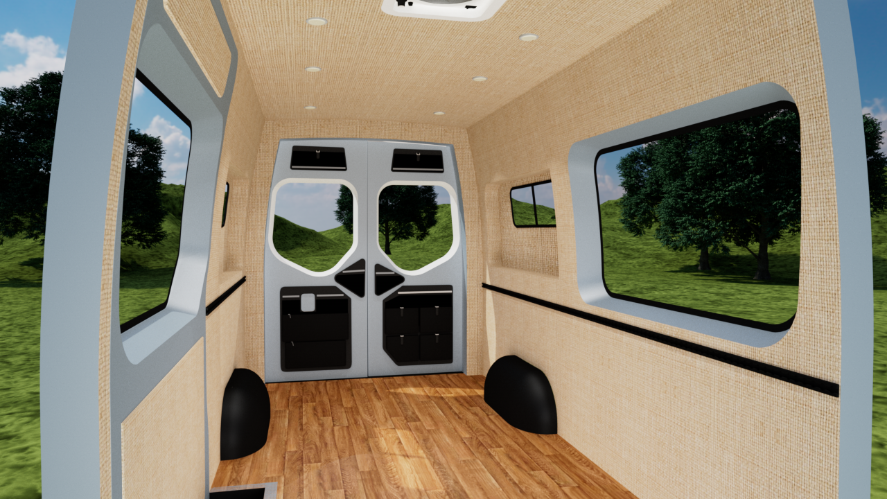 Mercedes Sprinter 144" high roof interior panel kit with oat-colored wall and ceiling panels by Alpine Van Works, LLC.