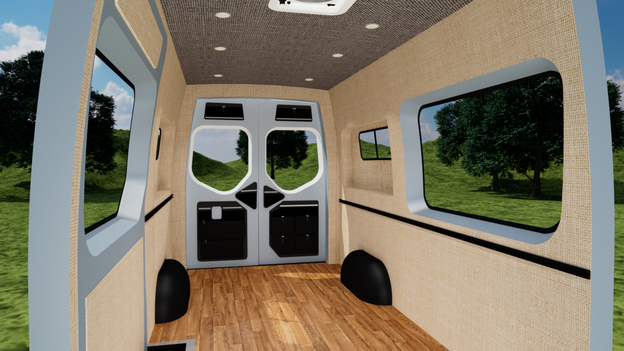 Mercedes Sprinter 144" high roof interior panel kit with oat wall panels and pewter ceiling, by Alpine Van Works, LLC.
