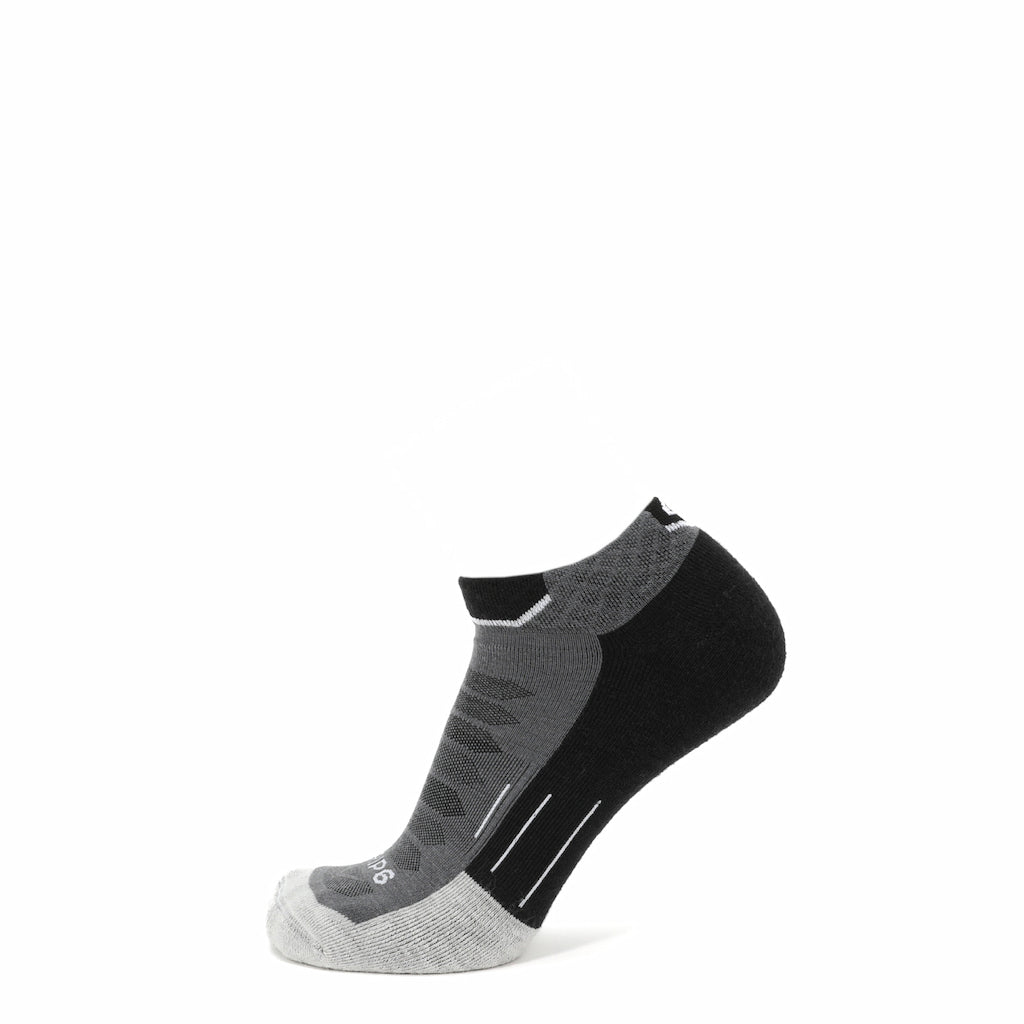 Three black GRIP6 Obsidian Run ankle socks made of midweight Merino wool, designed for comfort and durability.