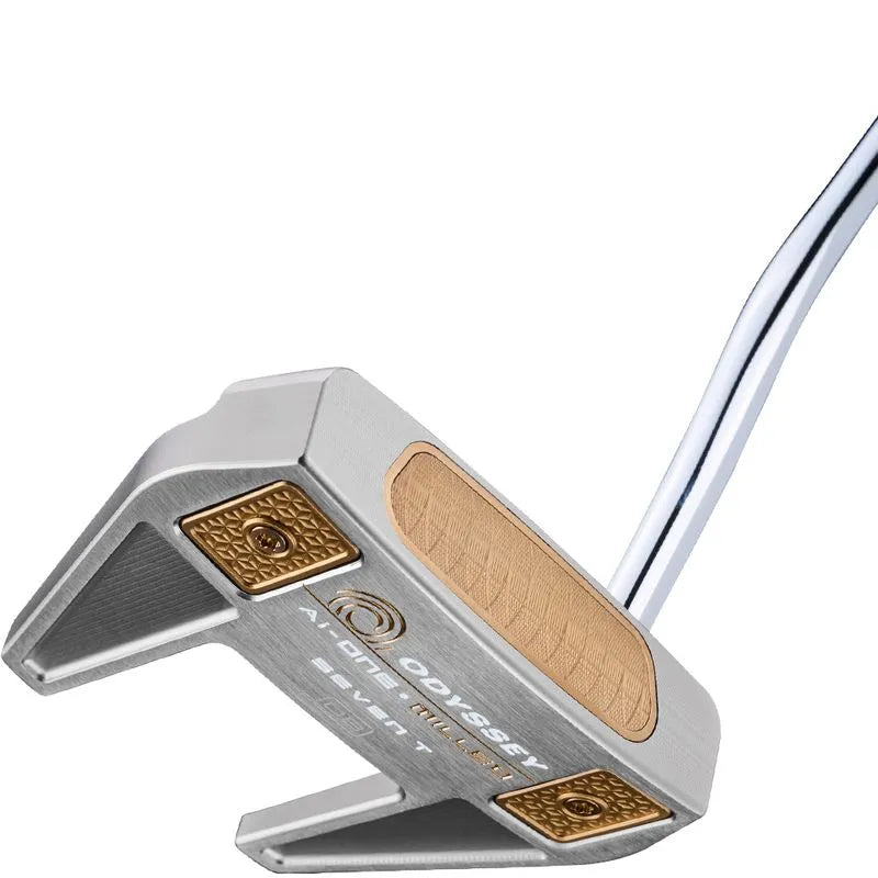 Odyssey Ai-ONE Milled Seven T-DB Putter by ParWestGolf, close-up of the black putter with milled face and ergonomic grip.