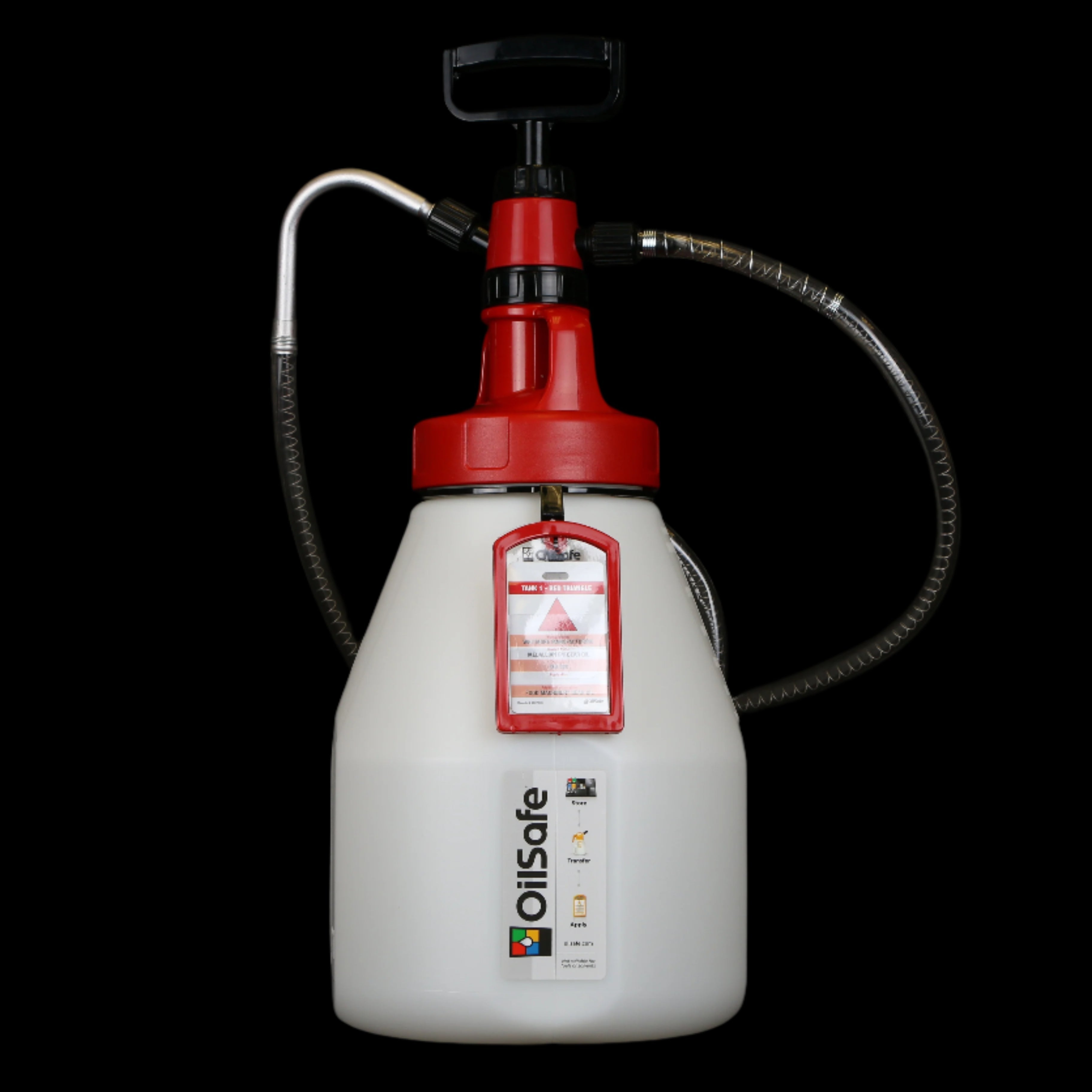 OilSafe premium transfer container with red fluid pump and drum lid, designed for efficient oil and fluid management by DRIVEN Racing Shop.