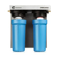 Green Vista Living Clearsource 2 Canister RV water filter system with hoses and mounting hardware, designed for clean drinking water.