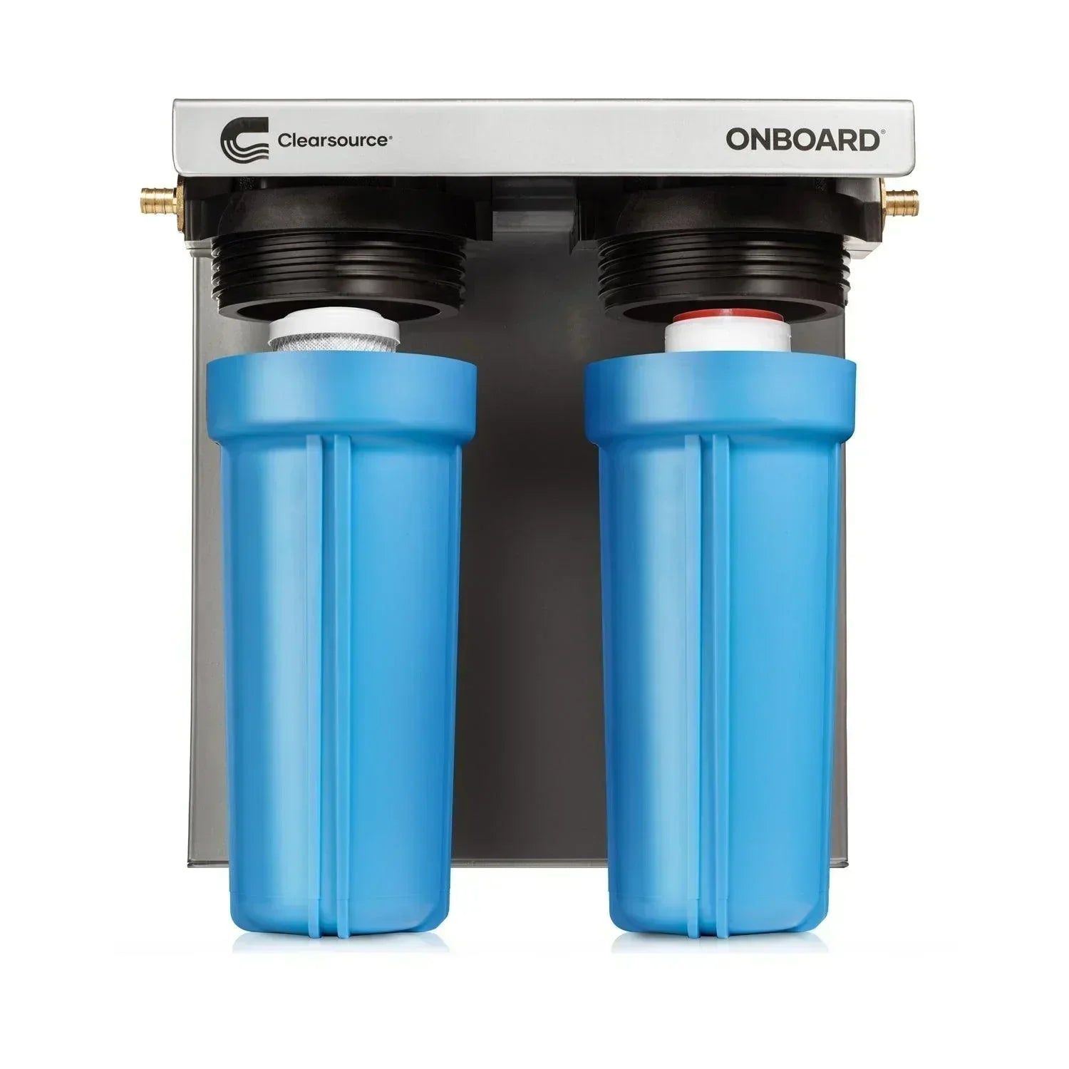 Green Vista Living Clearsource 2 Canister RV water filter system with hoses and mounting hardware, designed for clean drinking water.