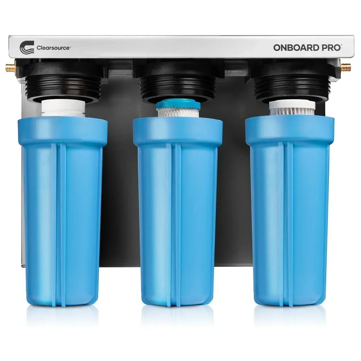 Green Vista Living Clearsource Ultra OnBoard Pro RV water filter system installed on an RV, showing the compact filter unit and connecting hoses.
