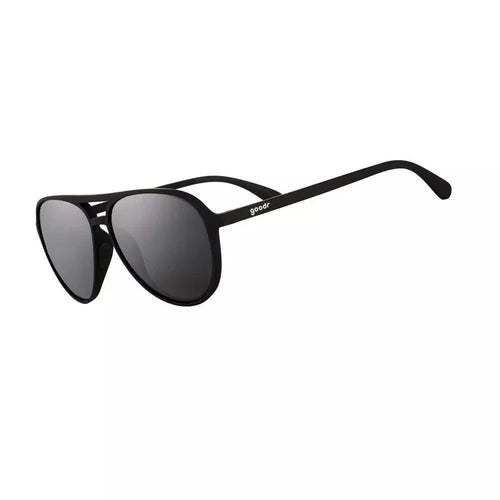Operation Blackout Mach G polarized sunglasses from Rare Air Discs shown from the side, featuring sleek black frames and tinted lenses.