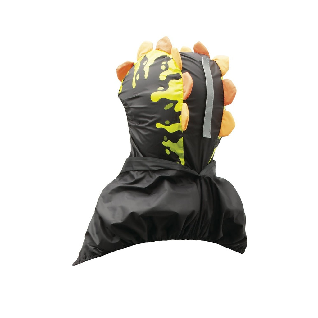 ZEITBIKE Tucano Urbano thermal child bike seat rain cover with hood, green dinosaur design, back view showing body and hood.