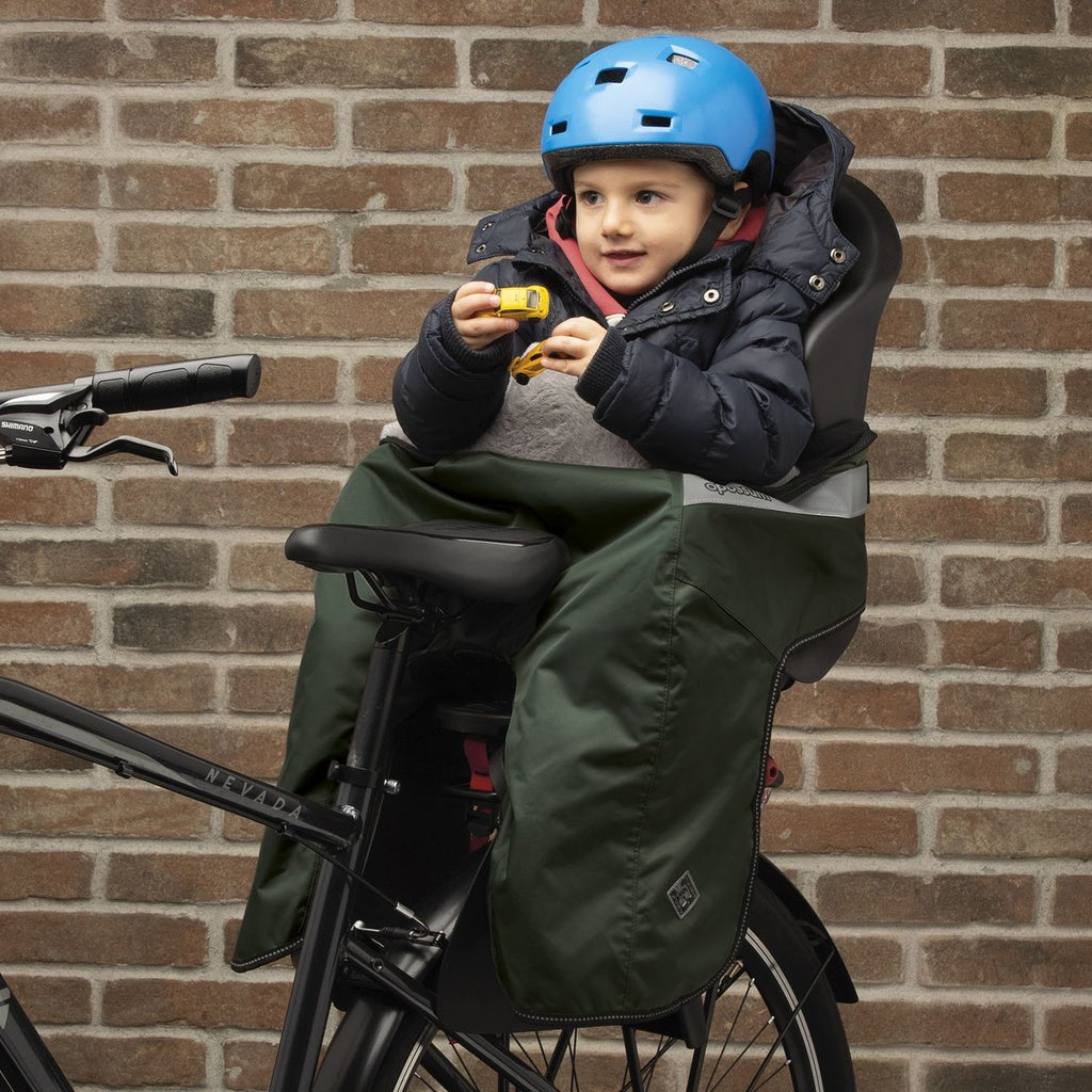 ZEITBIKE Tucano Urbano thermal child bike seat rain cover with hood, featuring a green dino design for outdoor protection.