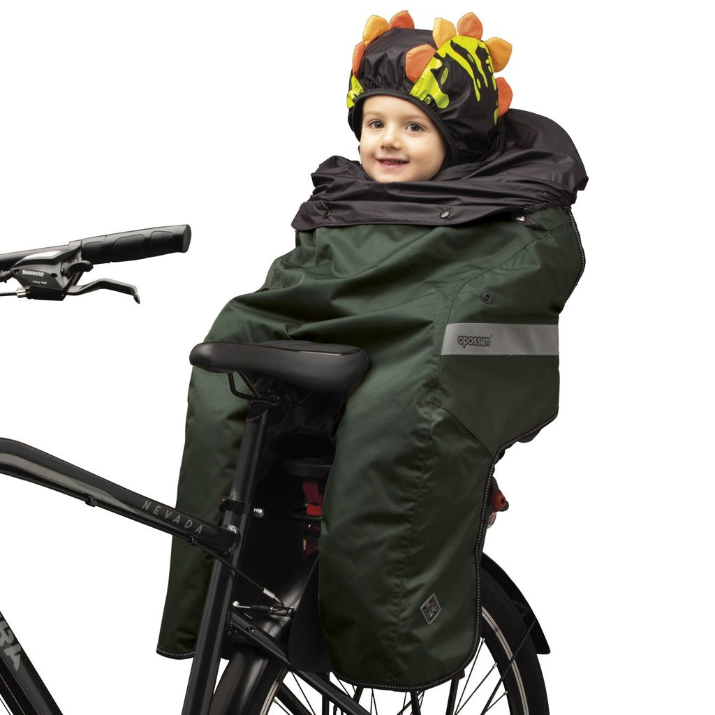 ZEITBIKE Tucano Urbano thermal child bike seat rain cover with hood in green dino design, providing waterproof protection for young riders.