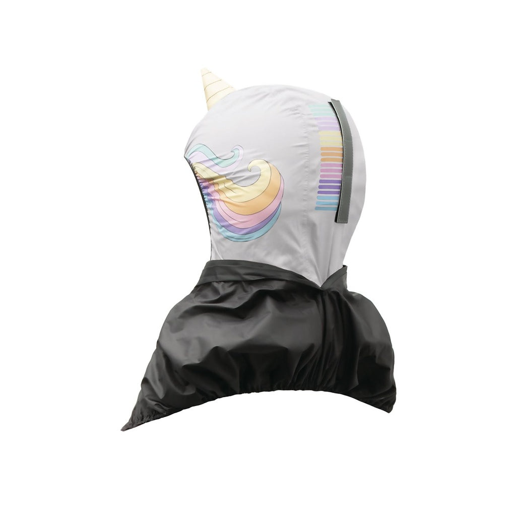 Grey Tucano Urbano thermal child bike seat rain cover with hood, designed by ZEITBIKE, showing the back view of the OppossumStory model.