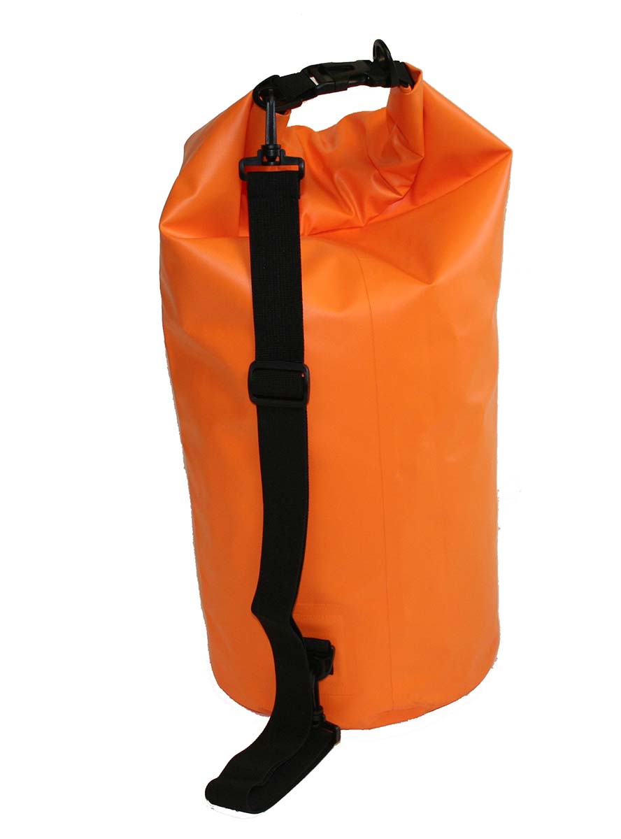 Orange 30-liter waterproof dry bag with roll-top closure, high-visibility design from quakekits.com for outdoor and water activities.