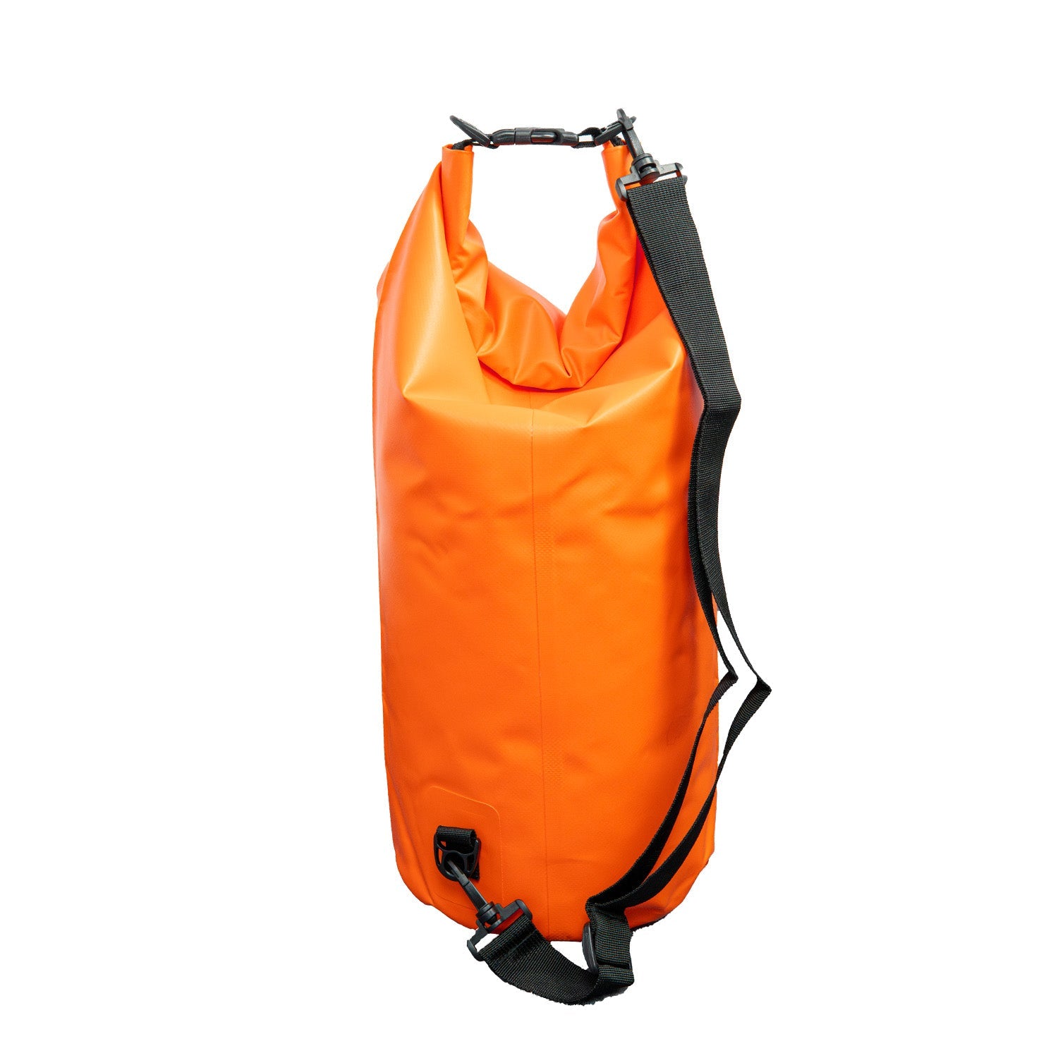 Orange waterproof dry bag with roll-top closure and shoulder strap, ideal for outdoor adventures and waterproof storage.