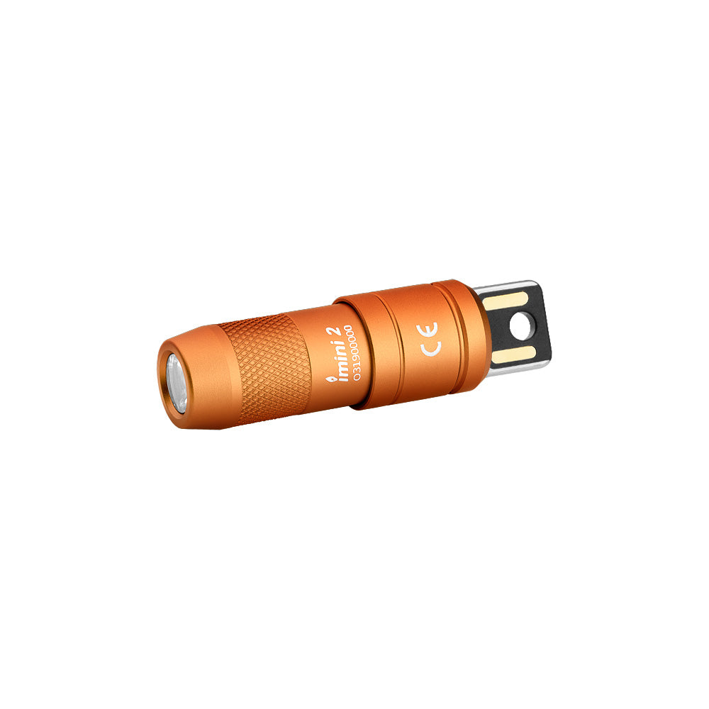Orange Olight iMini 2 rechargeable mini flashlight on keychain, featuring 50 lumens for everyday carry use.