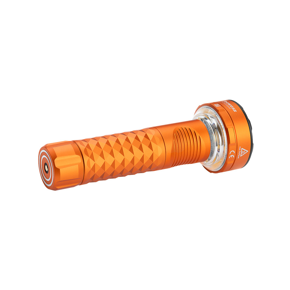 Orange MUCITUP Olight Prowess multifunctional flashlight with bidirectional lighting, shown with tripod sold separately.