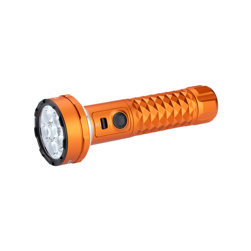 MUCITUP Olight Prowess multifunctional flashlight in orange with bidirectional lighting, shown with tripod sold separately.
