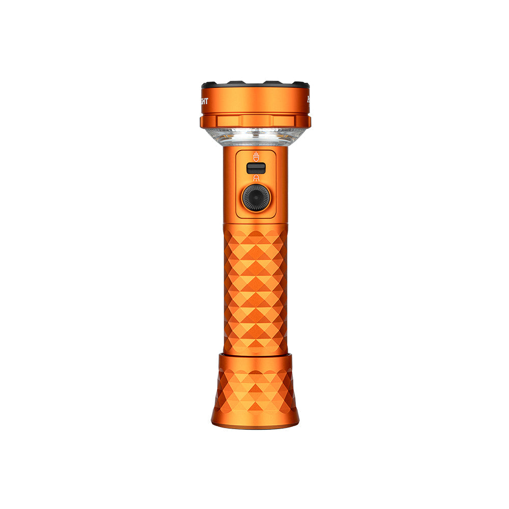 Orange MUCITUP Olight Prowess multifunctional flashlight with bidirectional lighting, shown with tripod sold separately.
