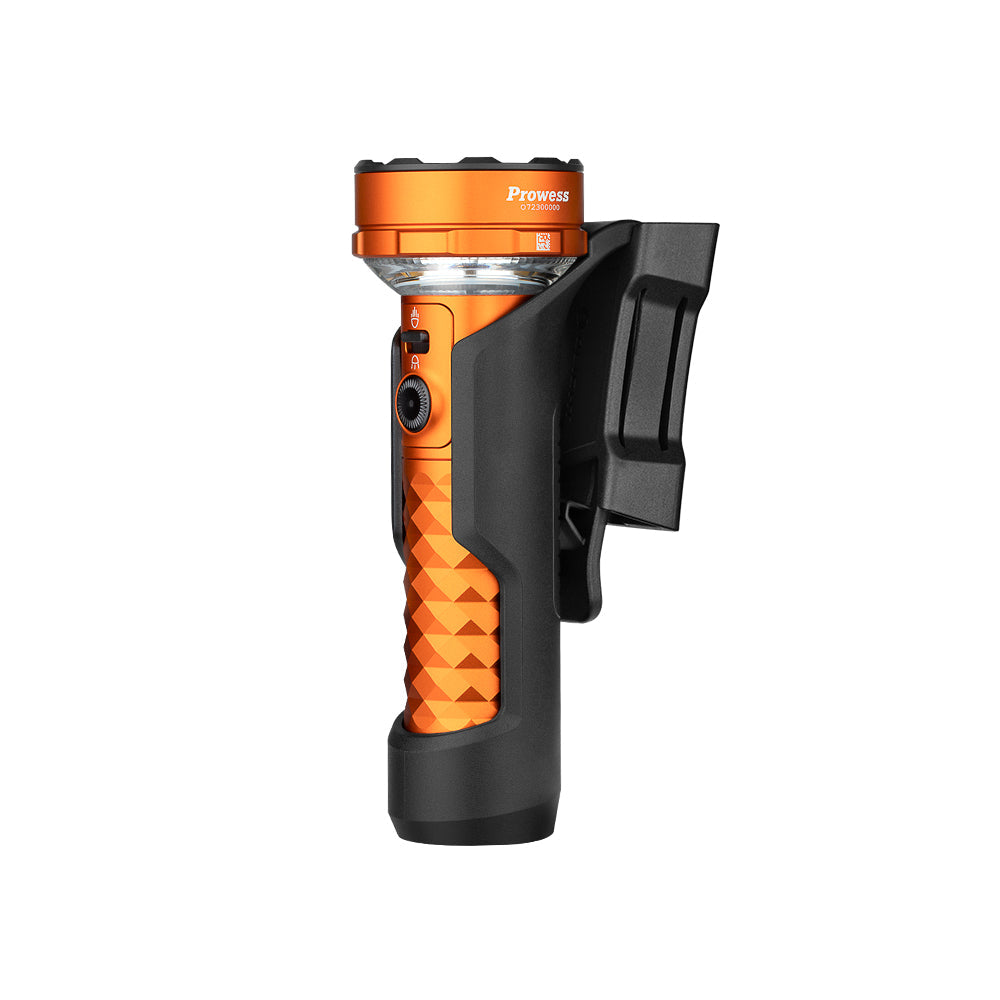 Orange MUCITUP Olight Prowess multifunctional flashlight with bidirectional lighting, shown with tripod sold separately.