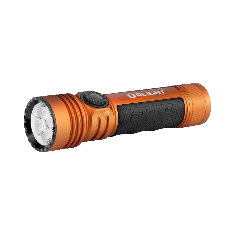 Olight Seeker 4 Pro rechargeable flashlight in orange, featuring USB-C charging and 4600 lumens brightness.