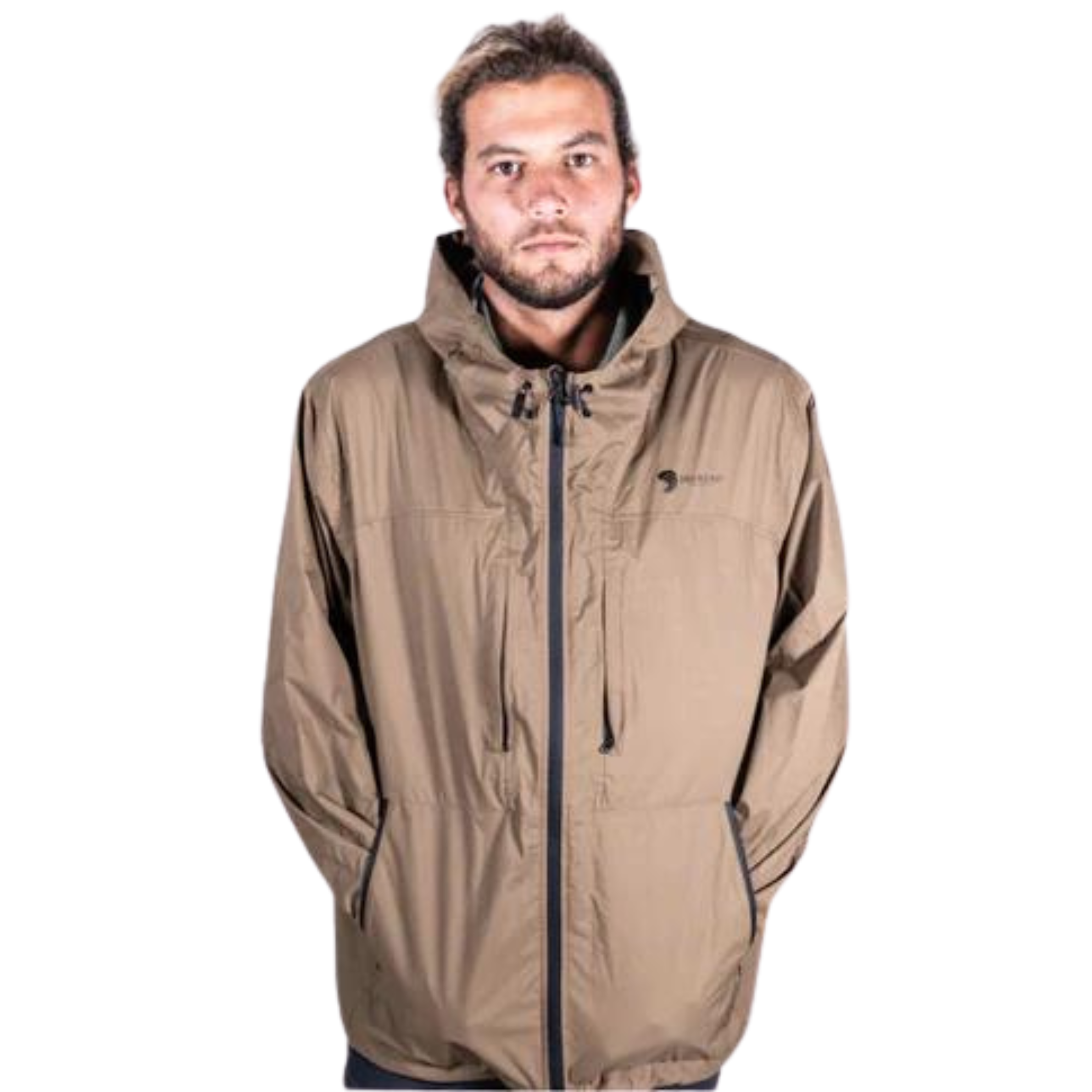 Dry Pocket Outback waterproof rain jacket with a visible waterproof pocket, designed for fishing and outdoor rain protection.
