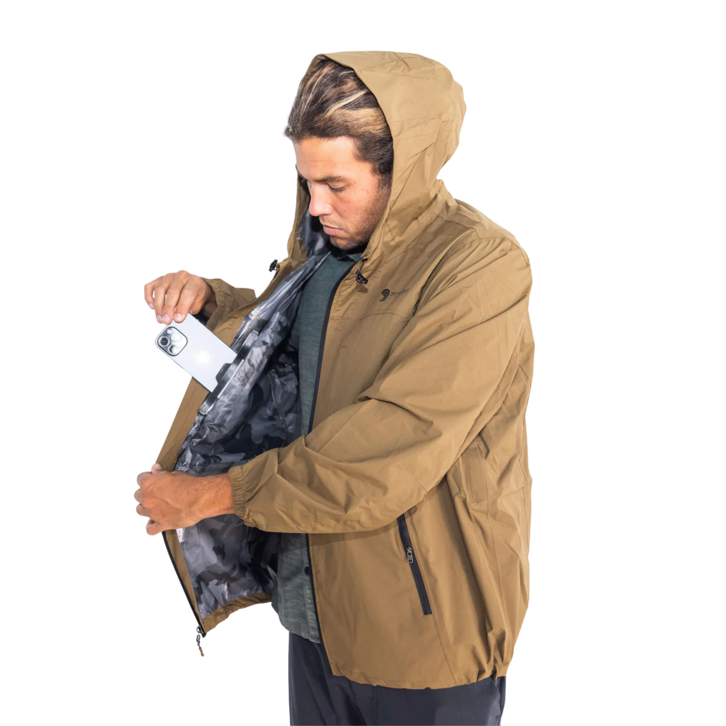 Outback waterproof rain jacket with a built-in waterproof pocket, ideal for fishing or outdoor rain protection, by Dry Pocket.