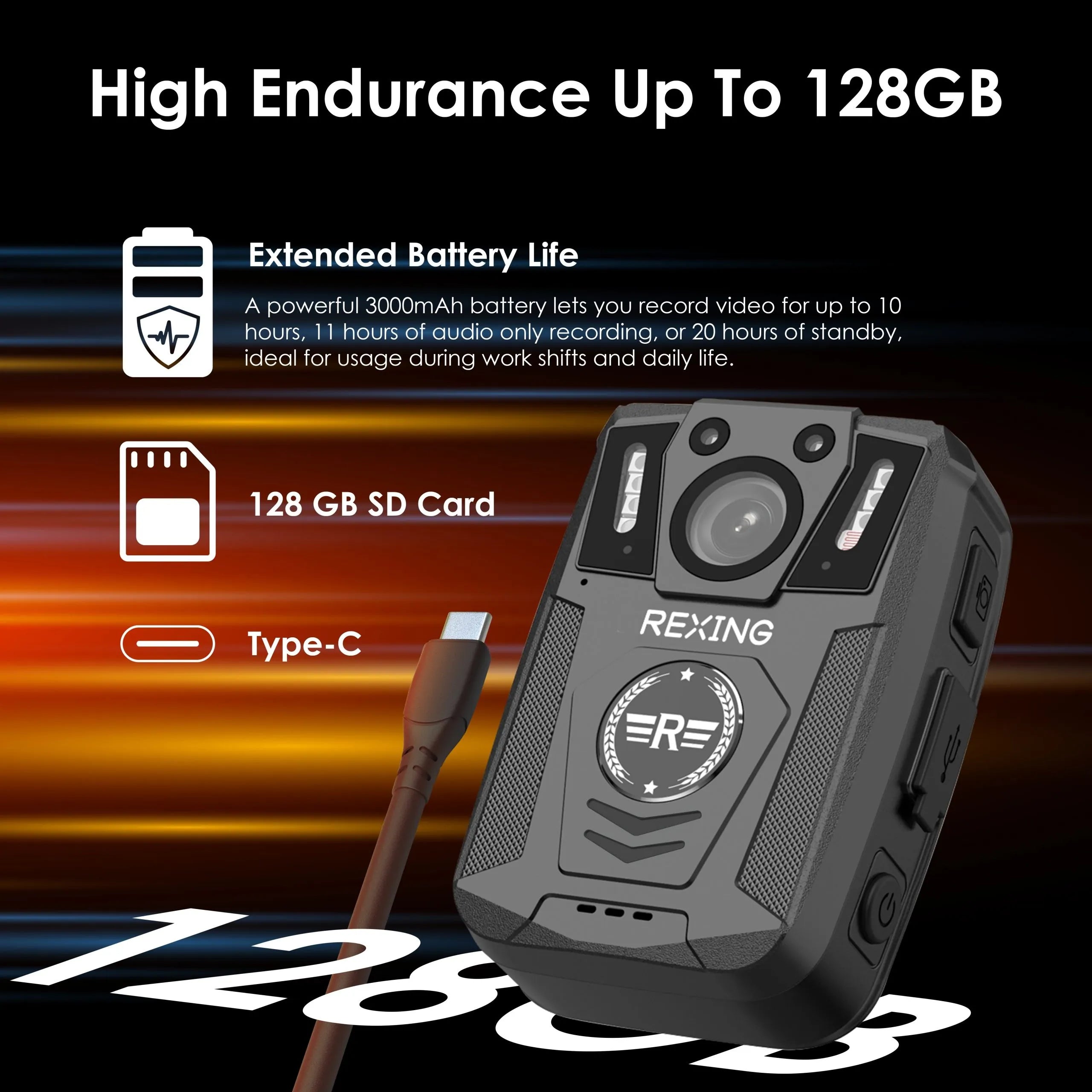 Rexing P2 FHD body camera in outdoor setting, showcasing 1080p resolution and Type-C port design.