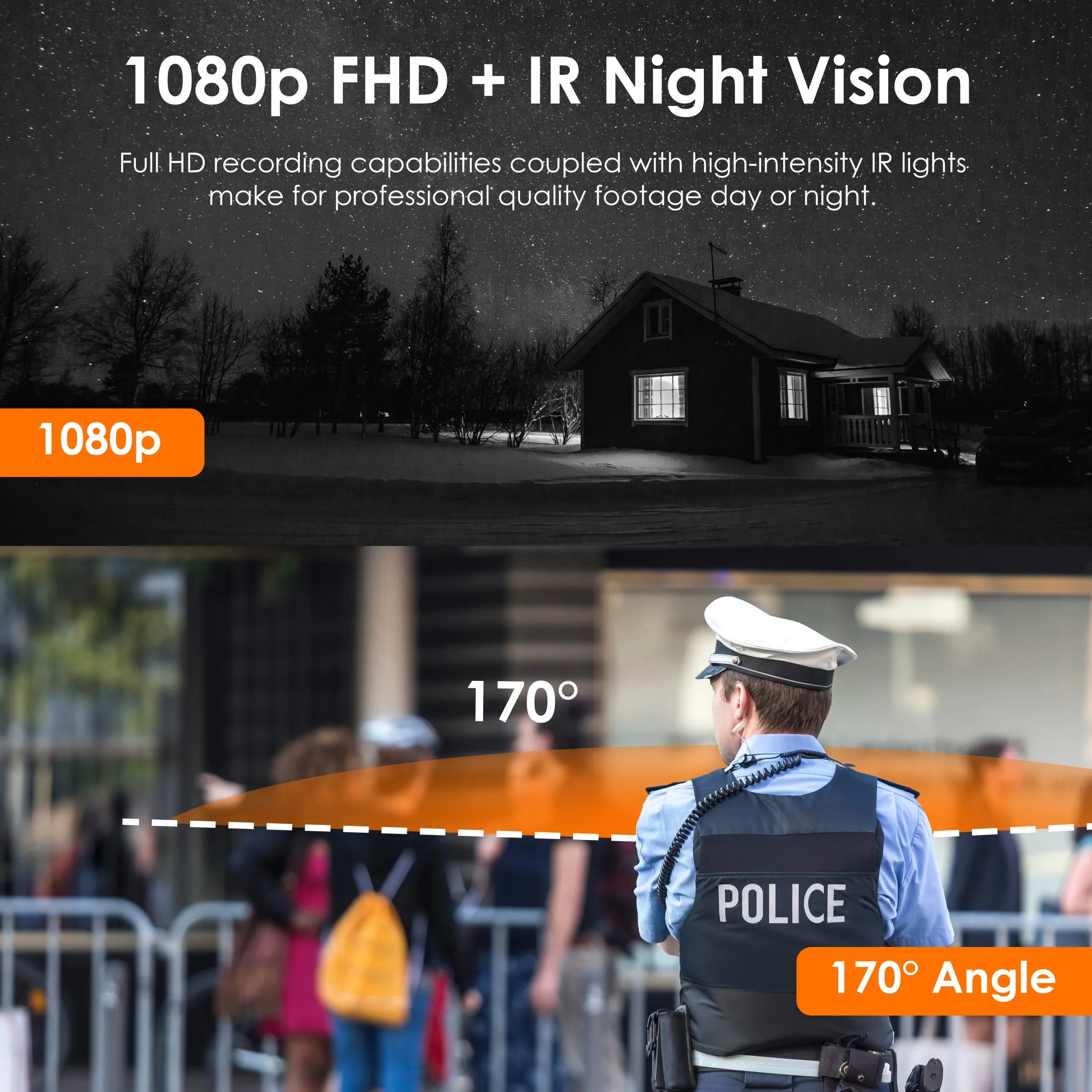 Rexing P2 FHD body camera in outdoor setting, showcasing 1080p resolution and Type-C port features.