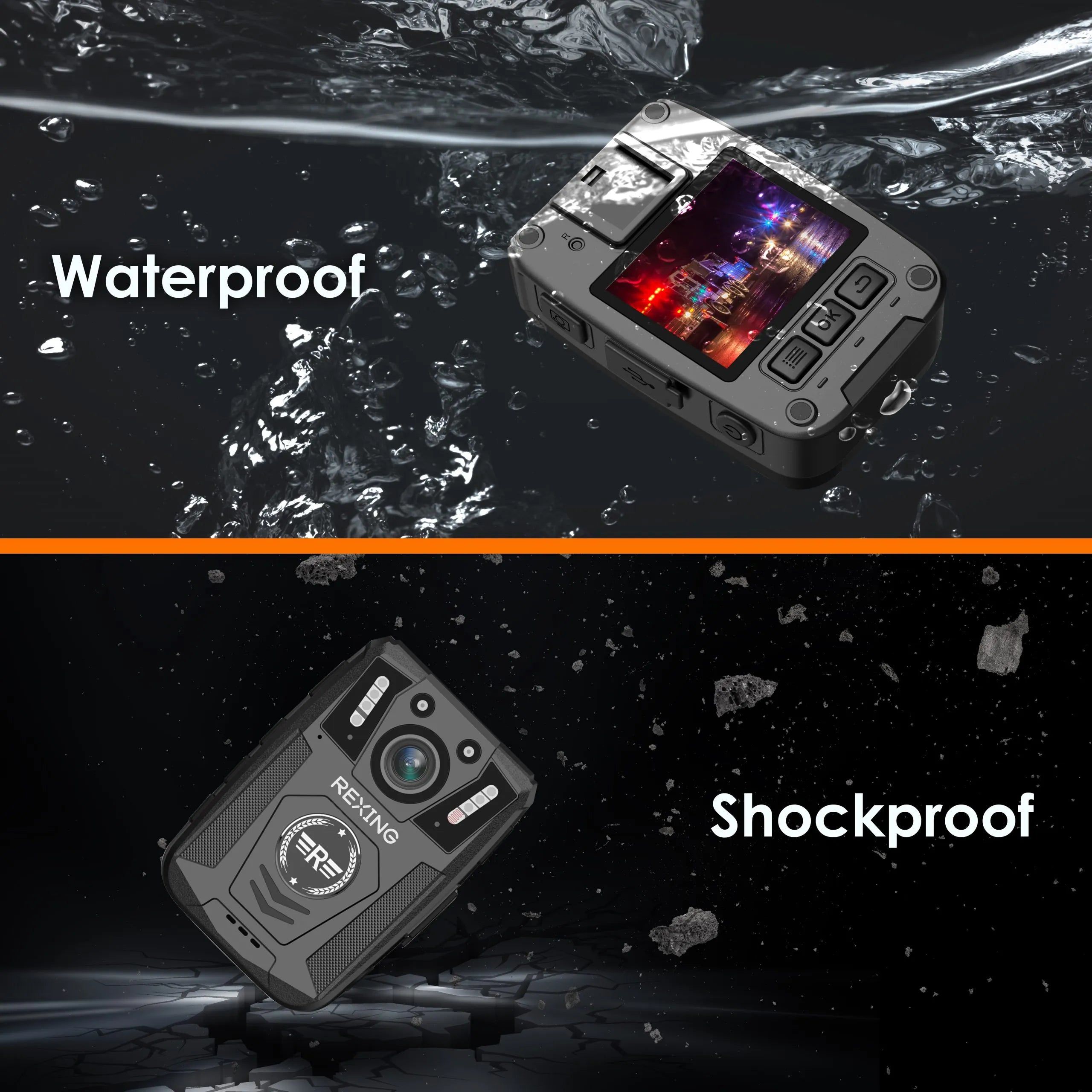 Rexing P2 FHD body camera showcasing 1080p resolution and Type-C port, designed for outdoor use.