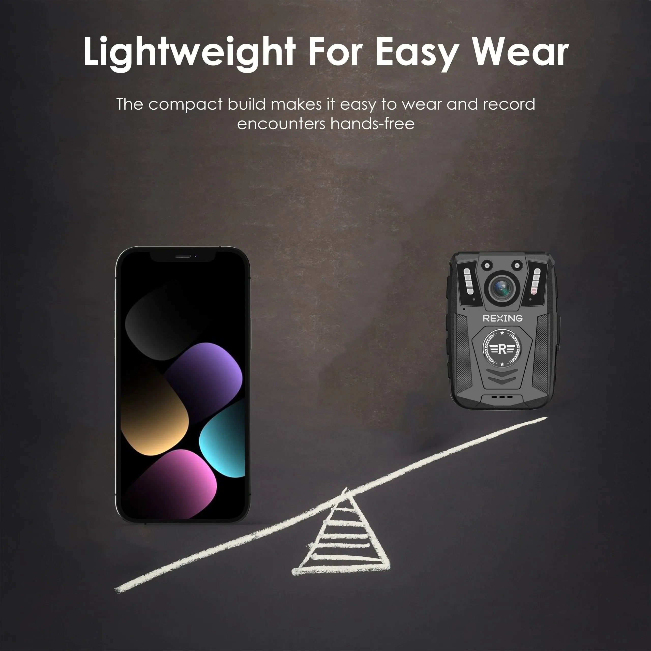 Rexing P2 FHD body camera in outdoor setting, showcasing 1080p resolution and Type-C port features.