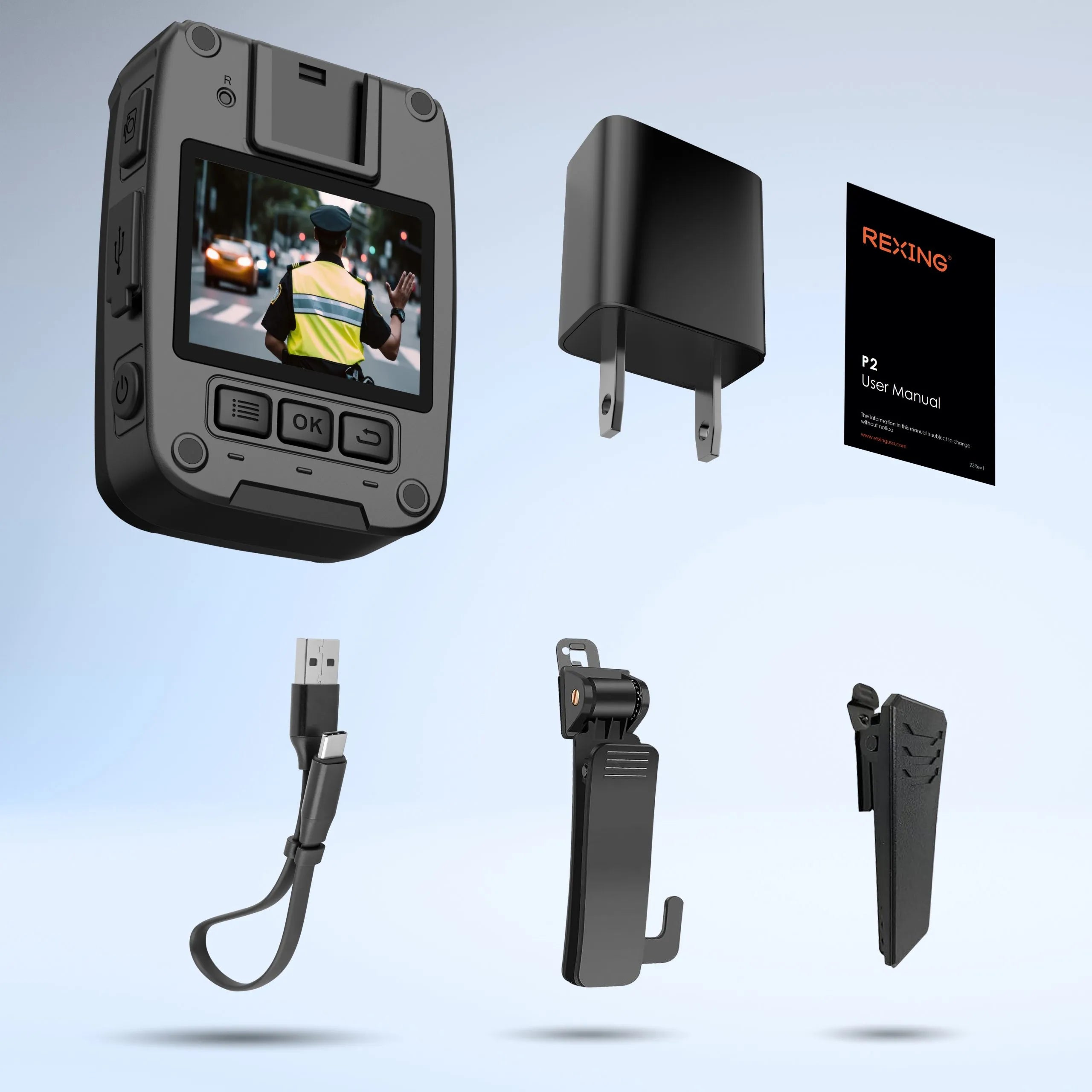 Rexing P2 Full HD body camera with Type-C port, showcasing sleek design and outdoor usability for clear 1080p recording.