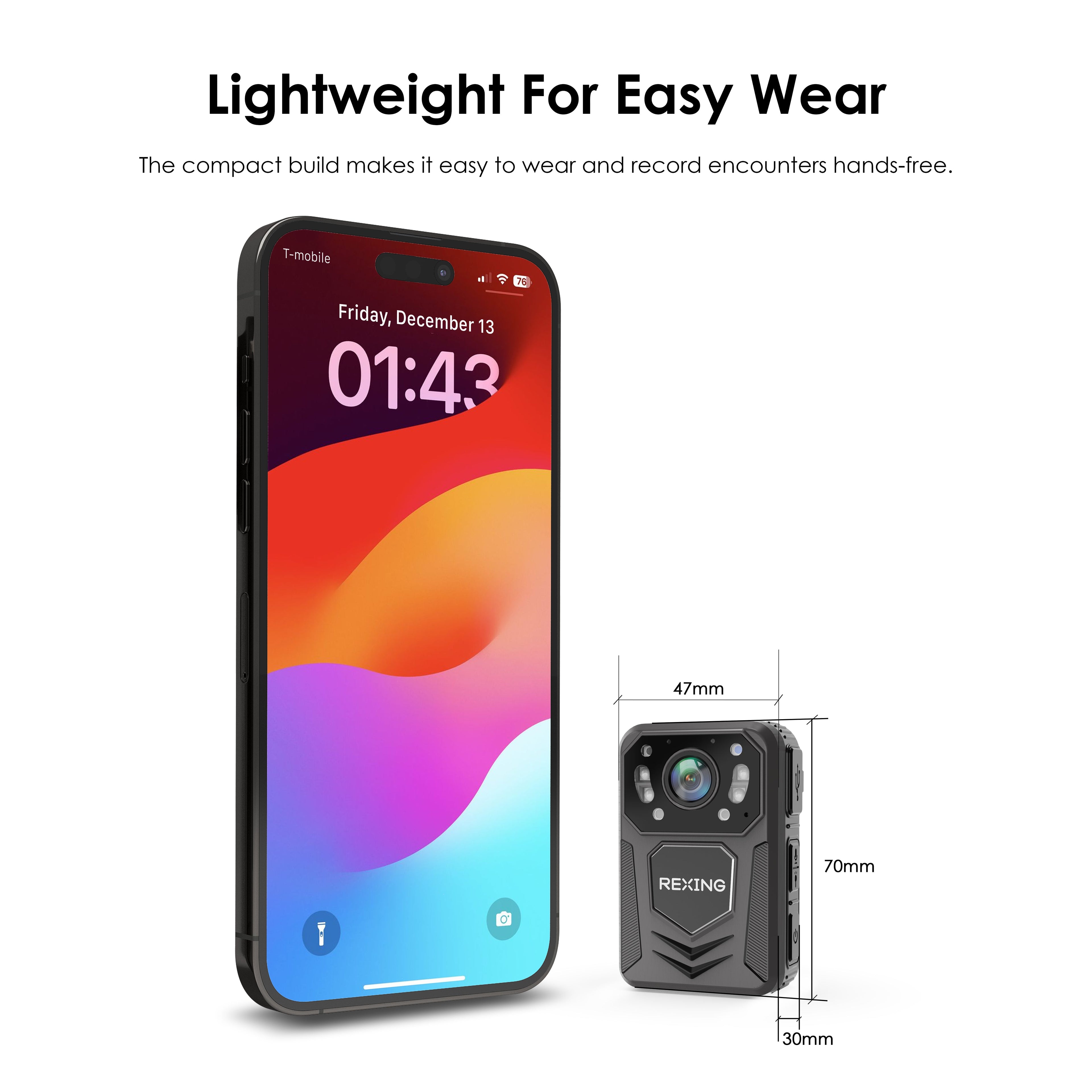 Rexing P3 Mini FHD outdoor body camera showing a compact device with a 1080p video lens and rugged design.