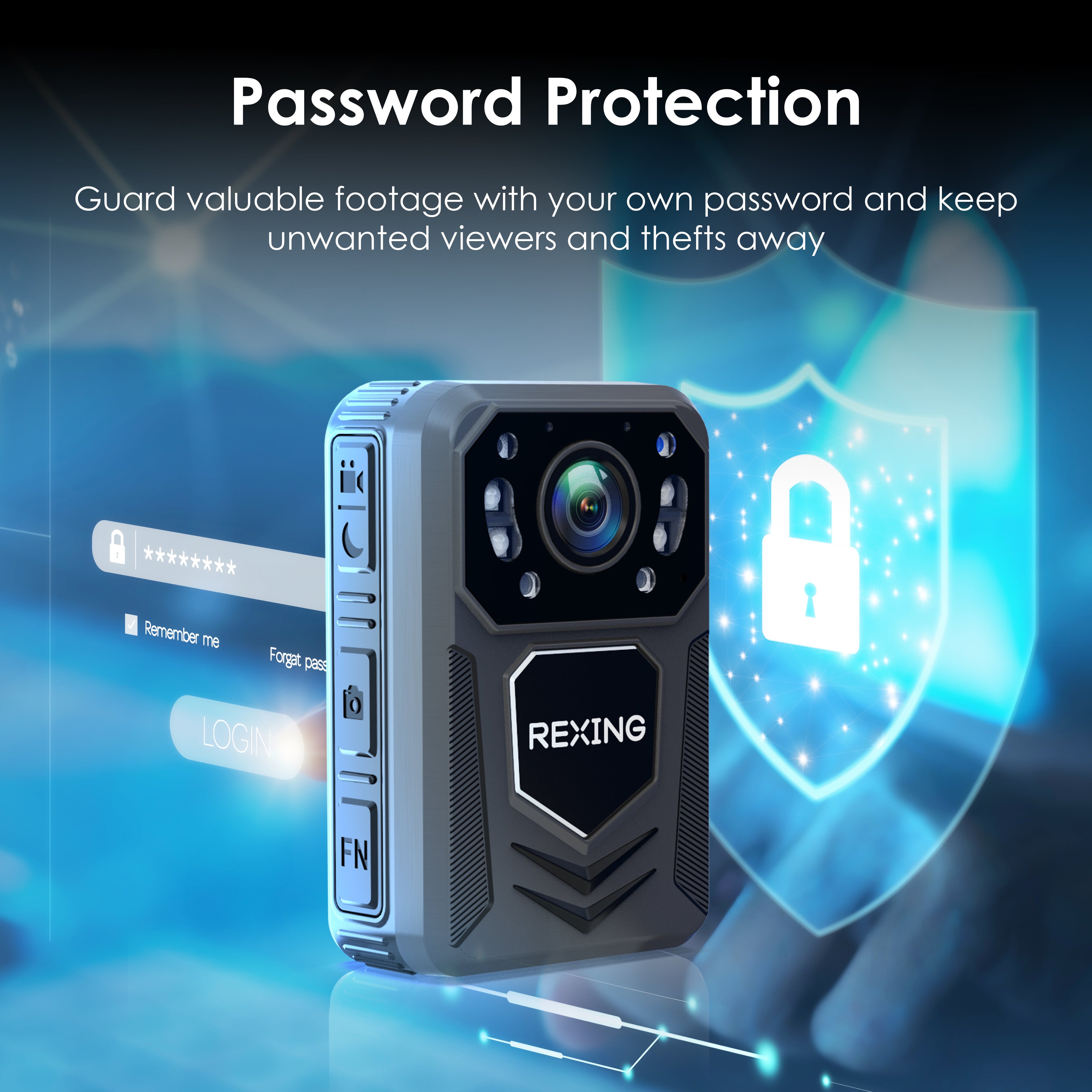 Rexing P3 Mini FHD body camera outdoors, showing compact design with lens and recording indicator light.