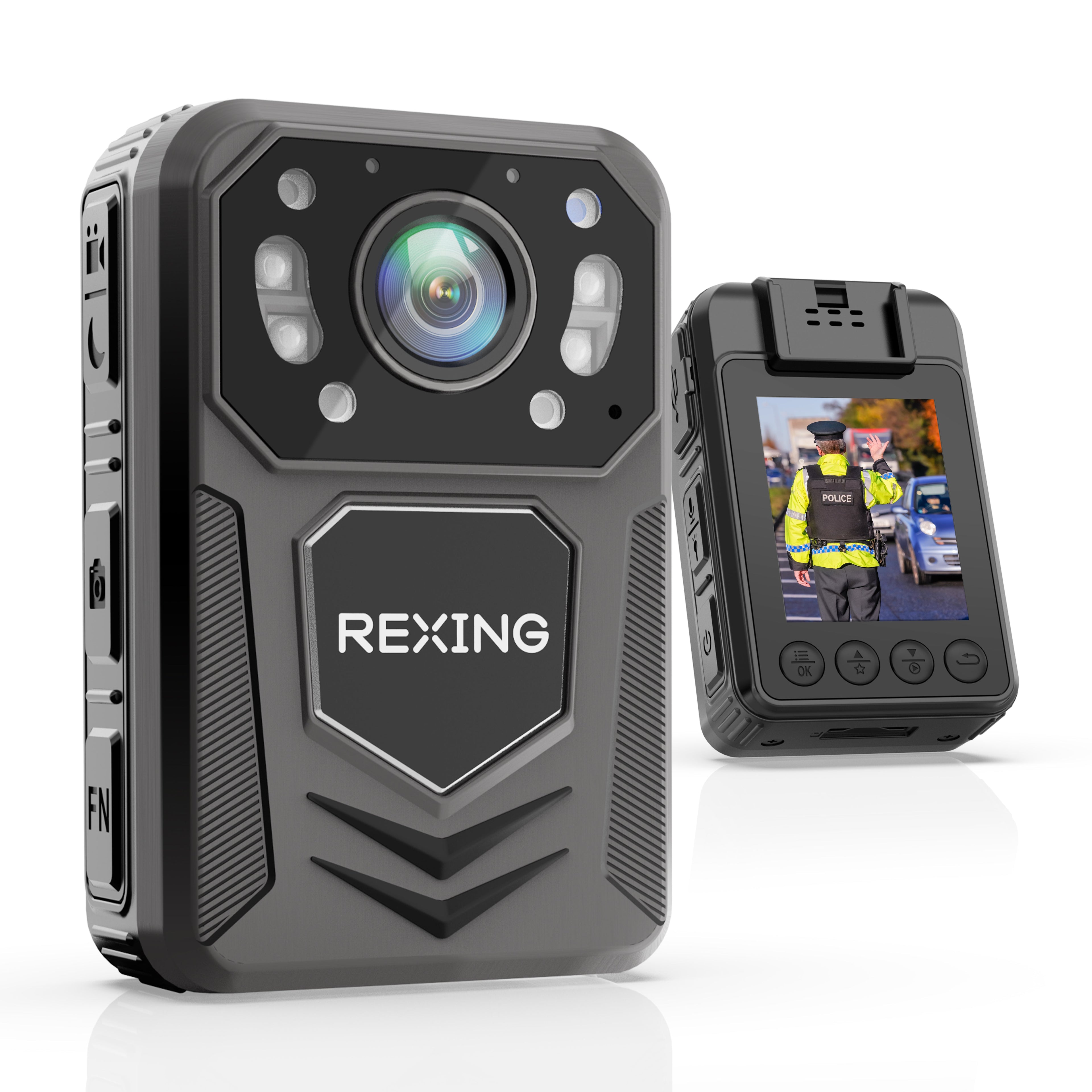 Rexing P3 Mini FHD body camera showing compact outdoor design with clip and lens, recording in 1080p resolution.