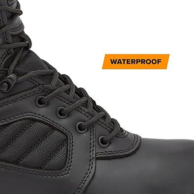 Magnum Boots MAG LYNX 8-inch waterproof police and law enforcement tactical boot, showing the black boot with waterproof material.