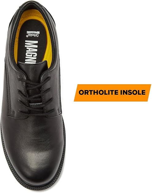 Magnum Boots ACTIVE DUTY Oxford men's work shoe showing black leather upper and Ortholite insole for comfort.