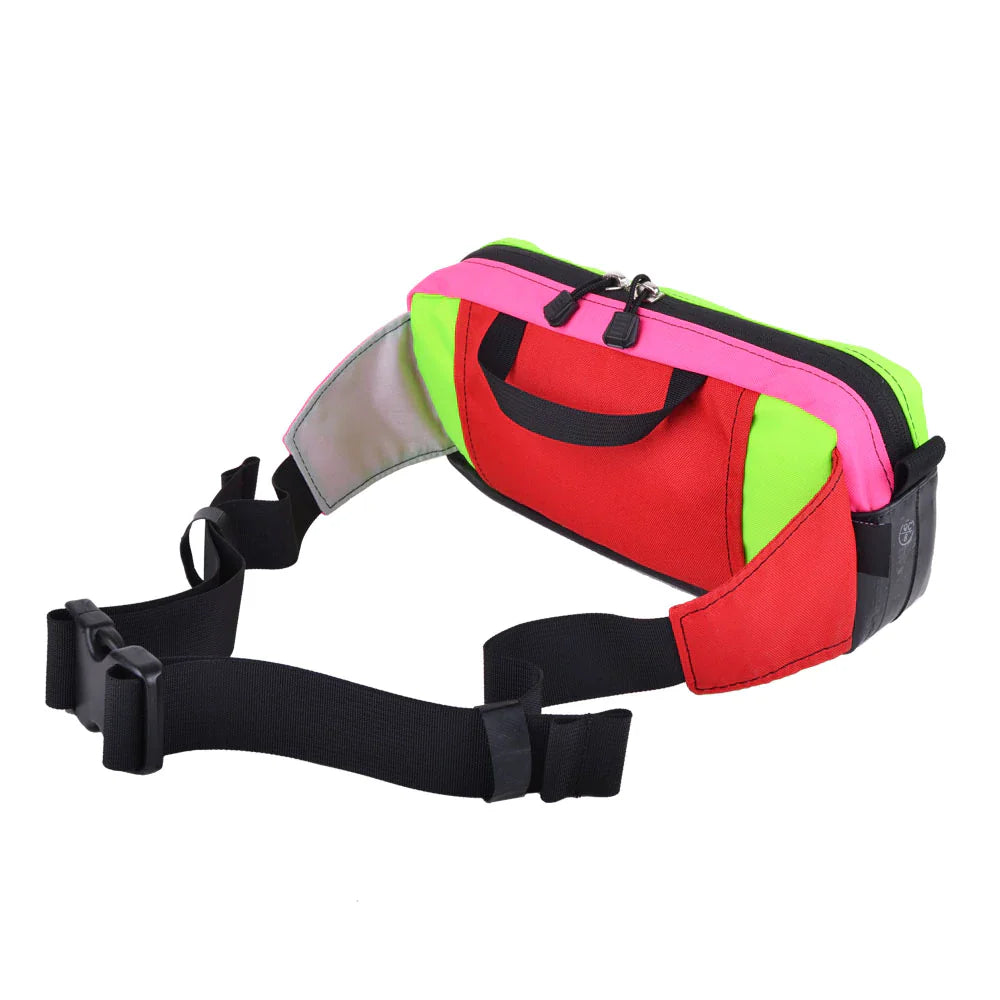 Green Guru Packster Hip Pack by ZEITBIKE, seen from left back angle, showcasing compact, adjustable bike bag for convenient storage.