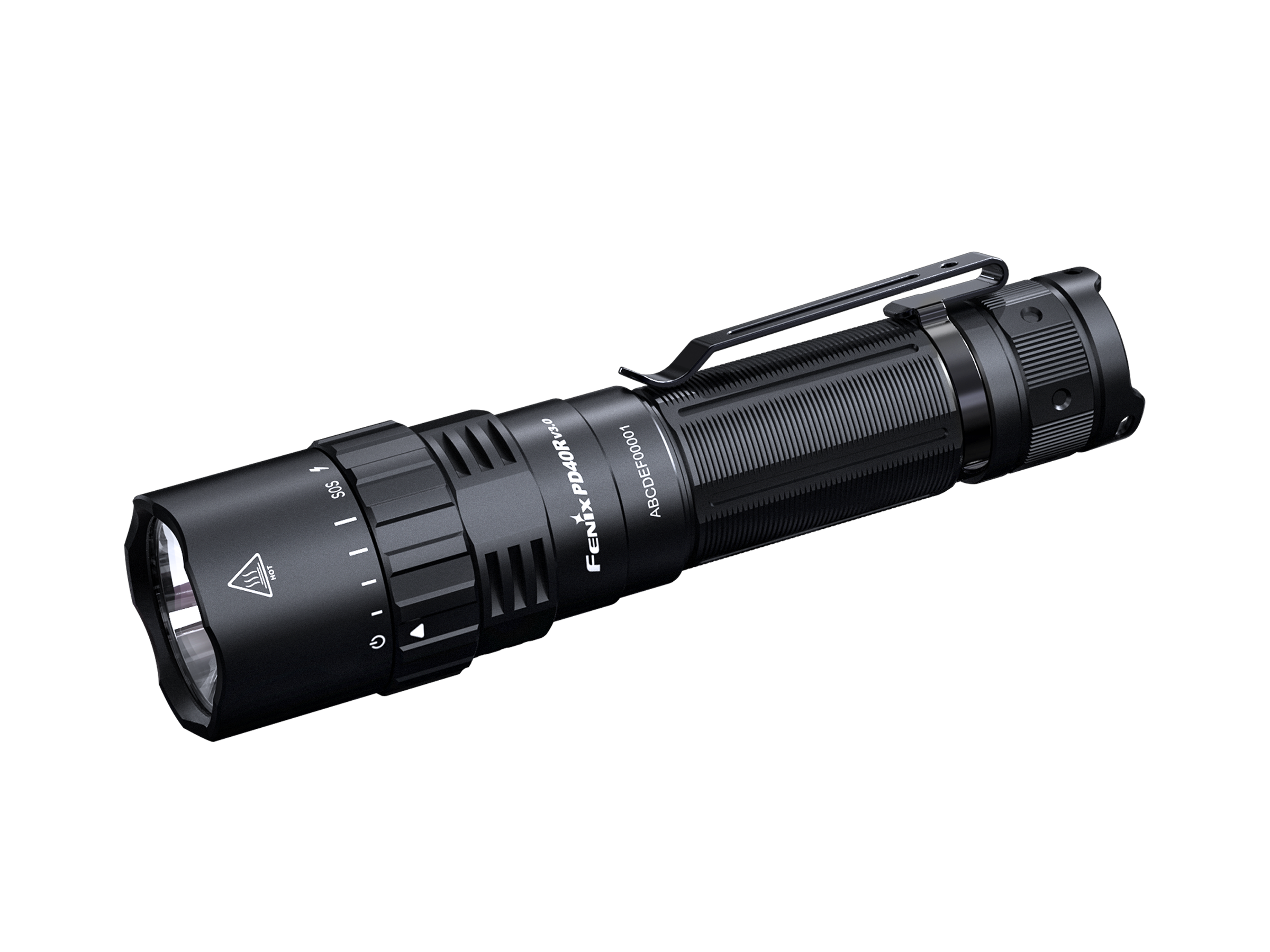Fenix PD40R V3 rechargeable tactical flashlight with a sleek design and powerful beam, ideal for outdoor use.