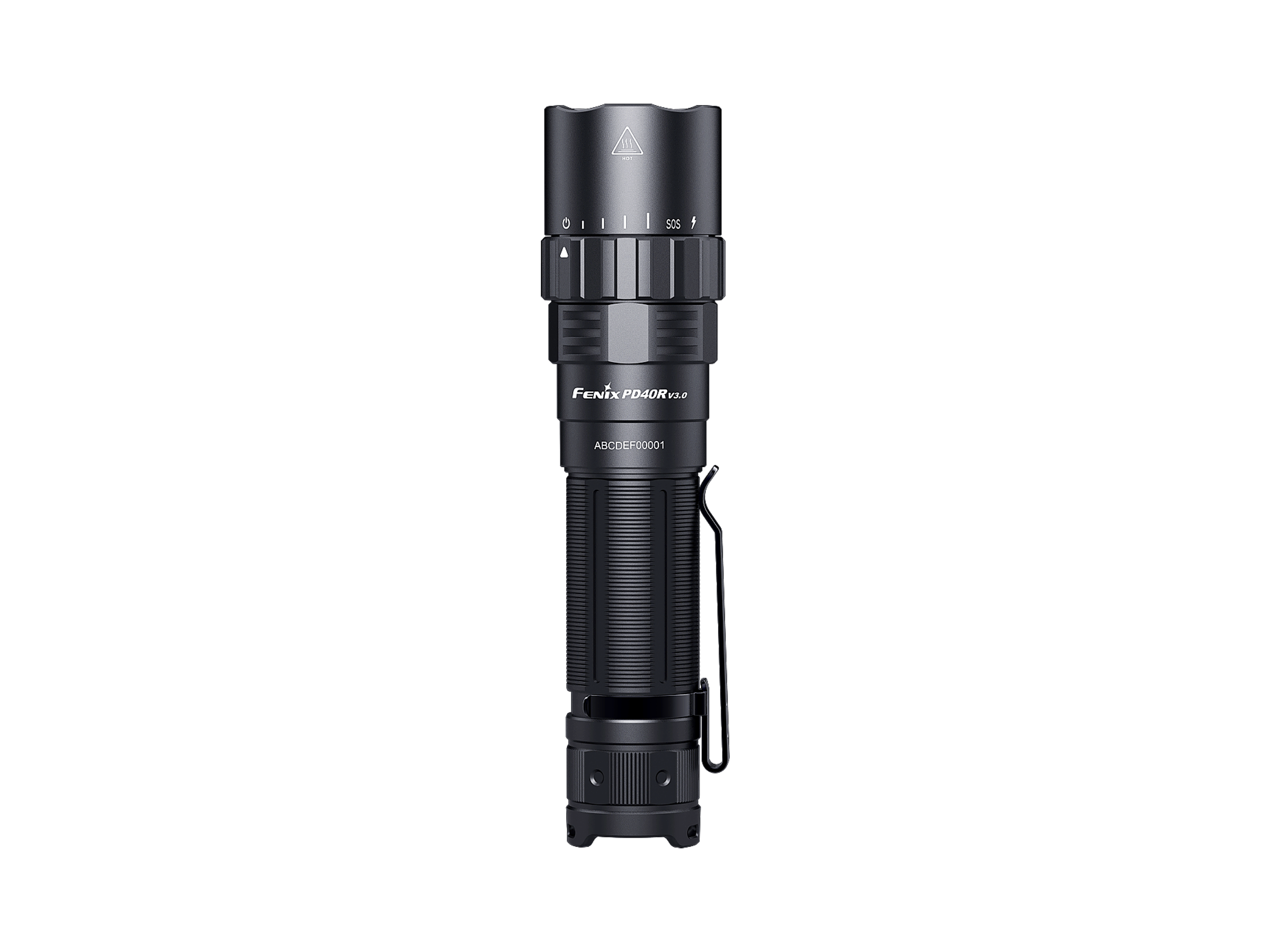 Fenix PD40R V3 rechargeable tactical flashlight with a sleek design and powerful beam, shown on a dark background.
