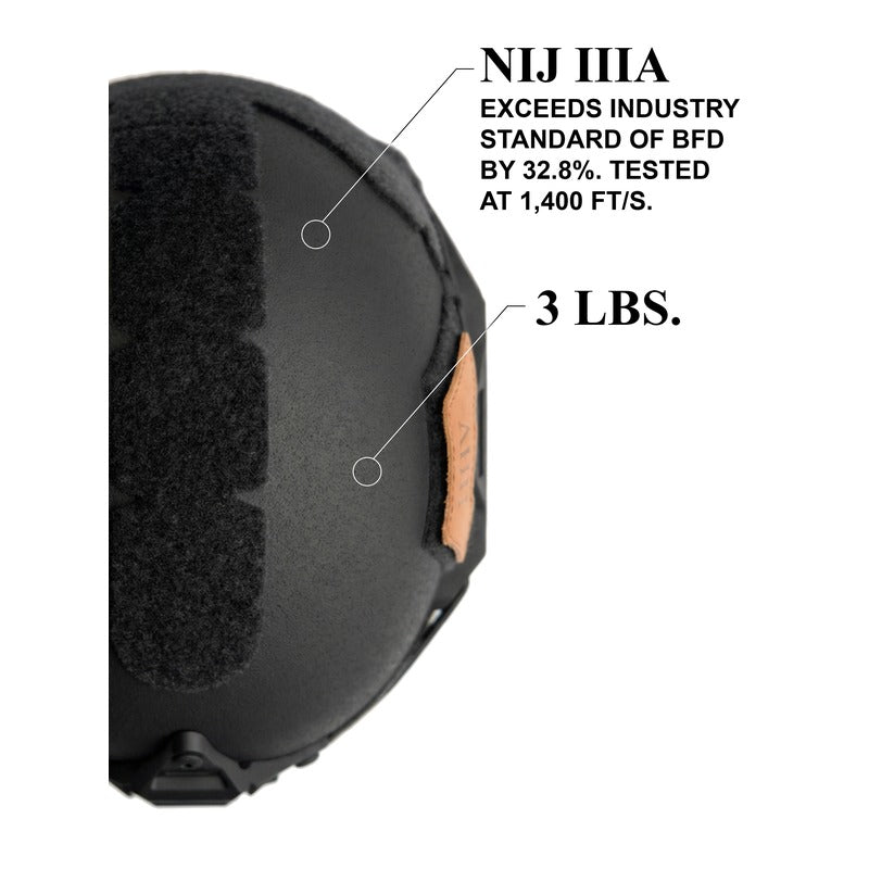 Black ATE® GEN2 ballistic helmet by Hard Head Veterans, NIJ IIIA high-cut design with padding and strap system.