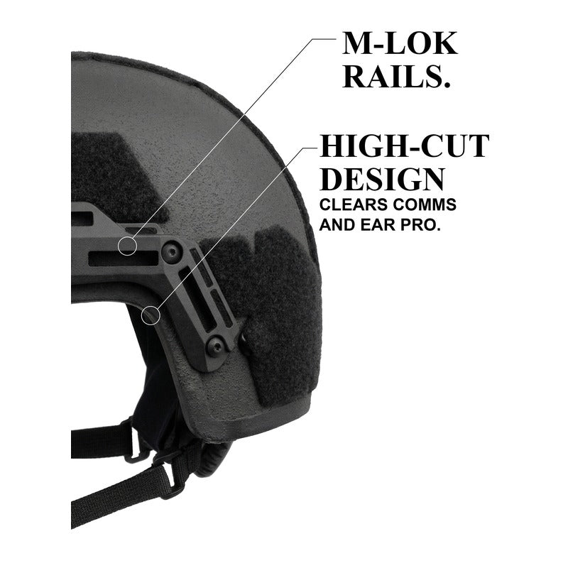 Black ATE® GEN2 Ballistic Helmet by Hard Head Veterans, NIJ IIIA high-cut hard helmet with adjustable straps and padding.