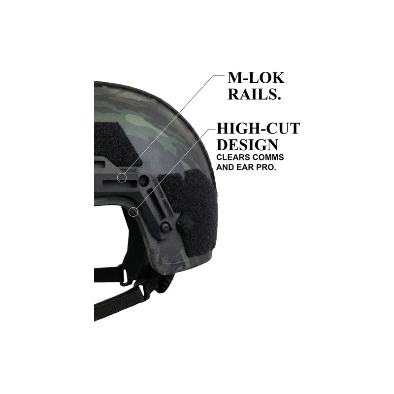 Hard Head Veterans ATE GEN2 Ballistic Helmet NIJ IIIA high-cut with black and multi-cam design, military tactical head protection.