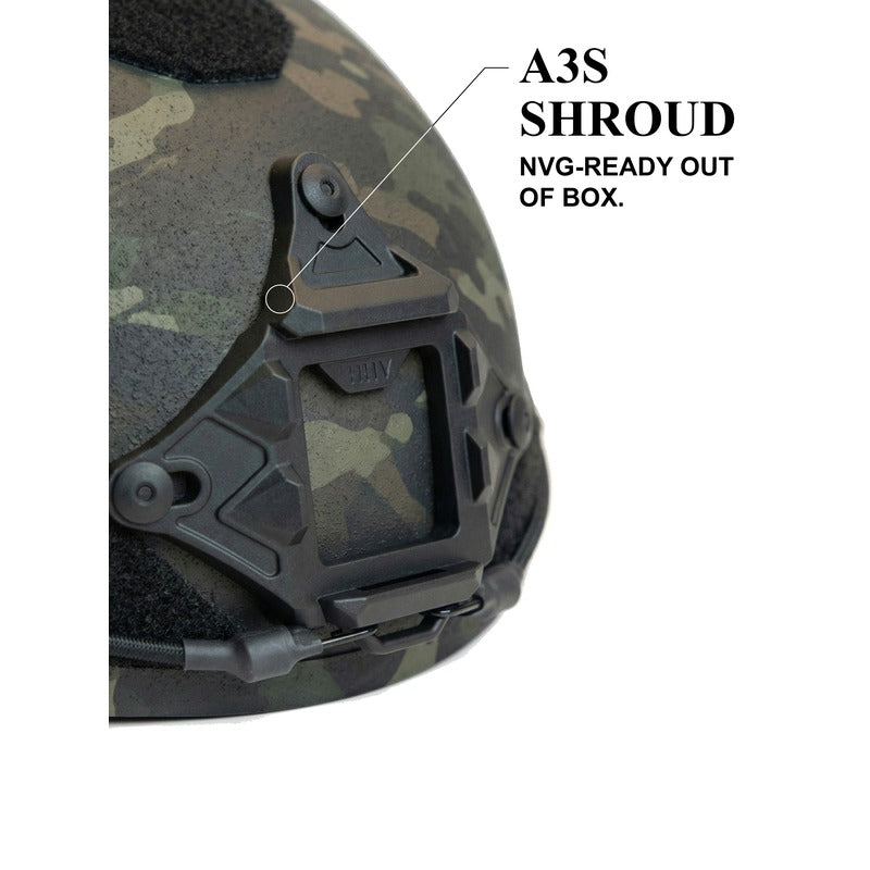 Hard Head Veterans ATE GEN2 Black Multi-cam ballistic helmet with high-cut design and NIJ IIIA protection.
