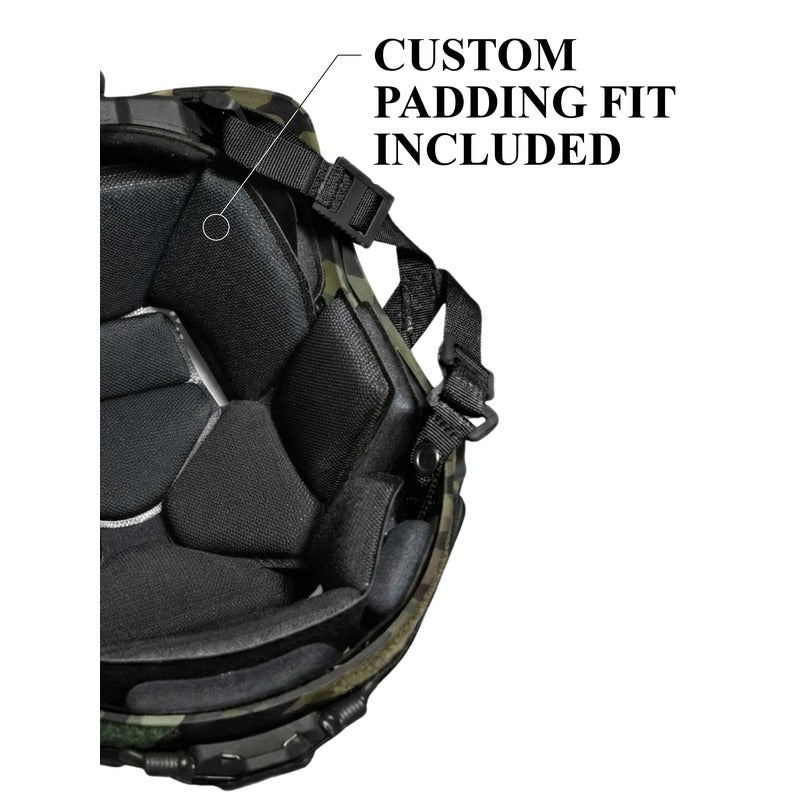 Hard Head Veterans ATE GEN2 Black Multi-cam ballistic helmet with high-cut design, NIJ IIIA rated for protection.