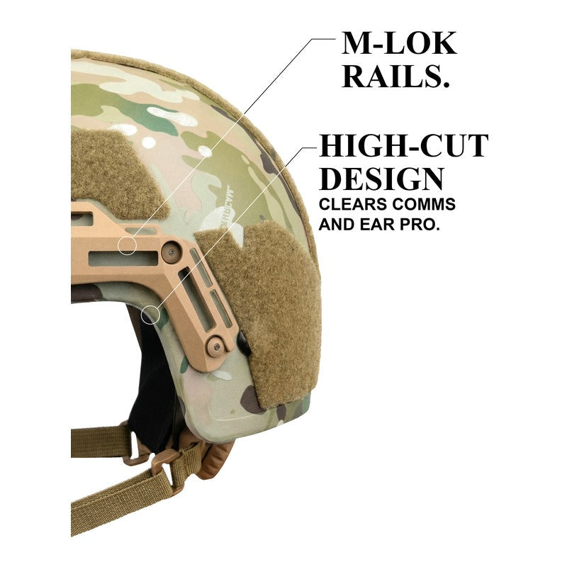 Hard Head Veterans ATE® GEN2 Ballistic Helmet NIJ IIIA high-cut tactical helmet with Multi-Cam pattern, protective and durable design