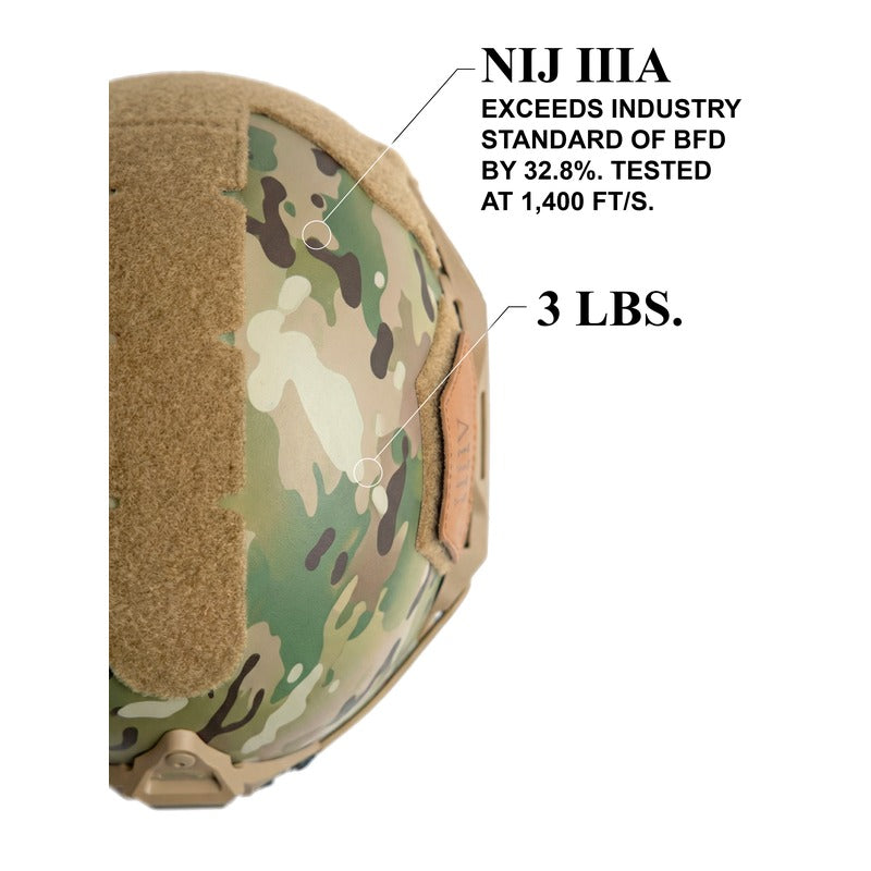Hard Head Veterans ATE® GEN2 Ballistic Helmet NIJ IIIA high-cut tactical helmet in multi-cam camouflage with ventilation vents