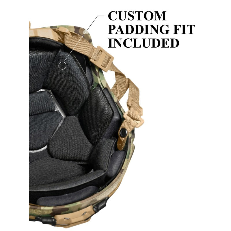 Hard Head Veterans ATE® GEN2 Ballistic Helmet in multi-cam, high-cut design with NIJ IIIA protection and tactical features.