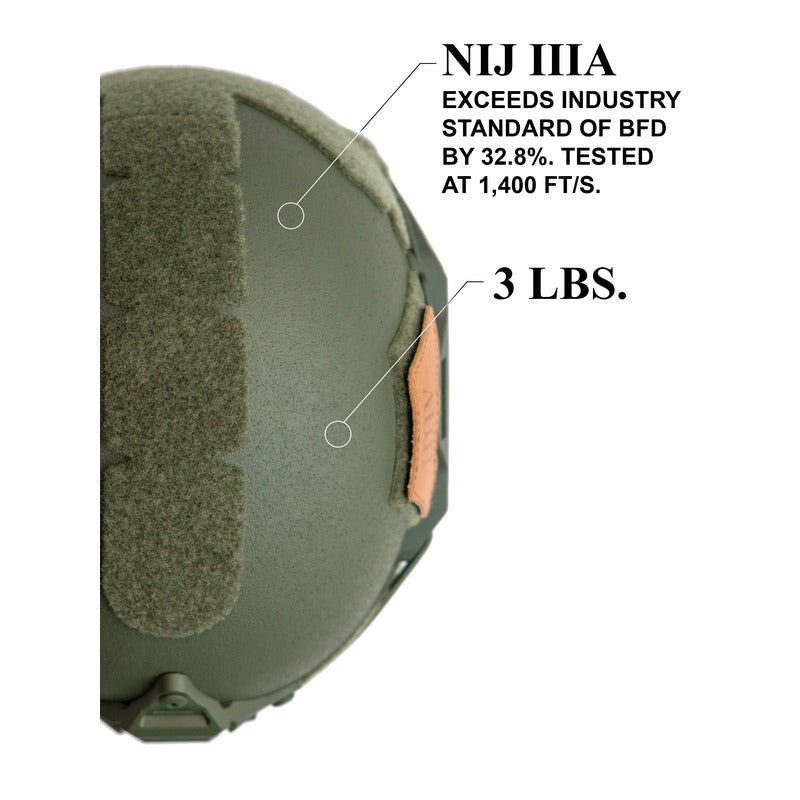 Hard Head Veterans ATE® GEN2 ballistic helmet in OD green, high-cut NIJ IIIA rated hard protective headgear.